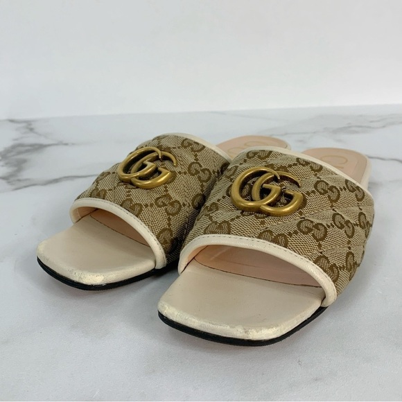 GUCCI Monogram Matelasse GG Marmont Flat Slide Sandals Beige Ebony Mystic White - Picture 11 of 15